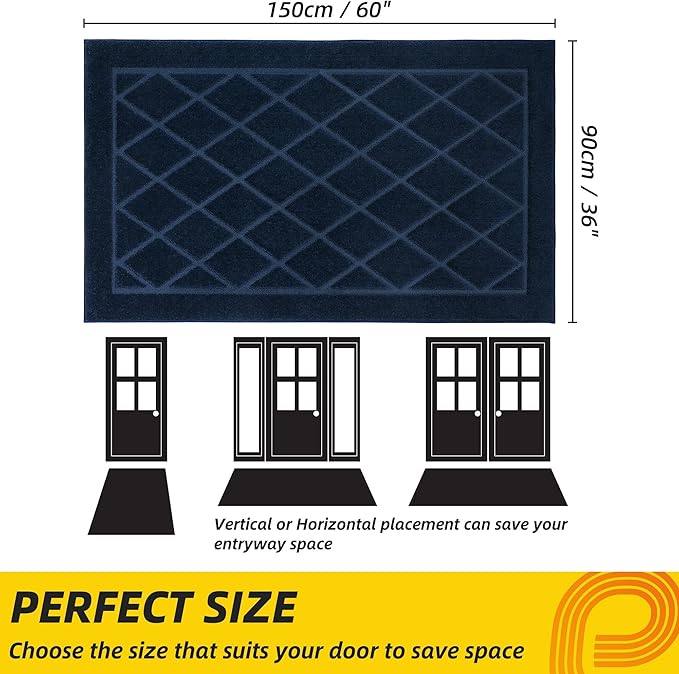 JSEI Dirt Trapper Door Mat 36"x60", Non-Slip Washable Entryway Mats, Dog Door Mat, Stain Resistant and Absorbent Floor Mats, Low Profile Welcome Mat for Front Back Door, Navy Blue