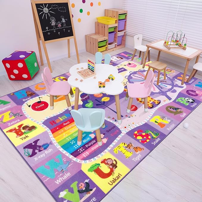 Kids Rugs for Playroom Bedroom Classroom Nursery, Non-Slip and Washable Rugs for Children Toddlers Girls, Educational and Fun Rug Carpets with ABC Alphabet Animals Shapes, 5x7, Purple