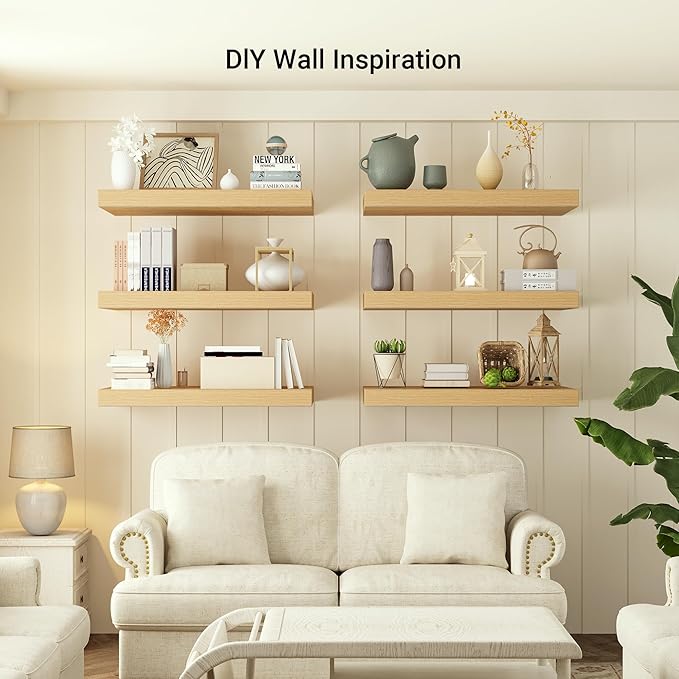 Heimlove 12" Deep Floating Shelves, 36 x 12 Inch Wall Mounted Long Floating Shelf with Invisible Brackets, for Home Decor, Bedroom, Kitchen, Living Room, Bathroom - 1 Pack, Oak