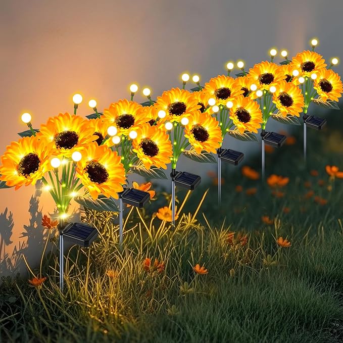 Solar Sunflower Lights Outdoor Waterproof - 6 Pack Solar Powered Sunflowers with Firefly Solar Lights for Garden Lawn Decor