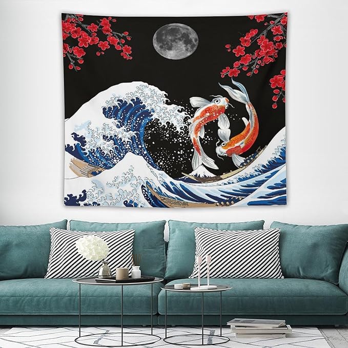 Houselerax Japanese Koi Fish Tapestry, Yin Yang Big Wave Red Cherry Blossom Tapestries Wall Hanging for Bedroom Living Room Office Decor 60"x50"