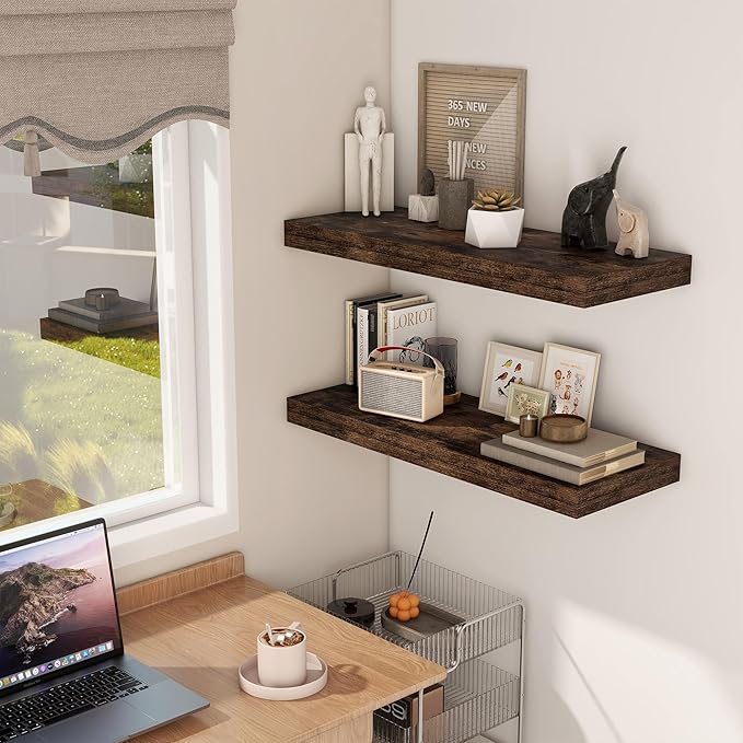 30 Inch Floating Shelves, 12 Inch Deep Floating Shelf for Wall, Rustic Deep Shelves for Books, Bathroom, Living Room, Kitchen, 30 x 12 x 2 Wood Floating Shelves, Rustic Brown Color, Set of 2