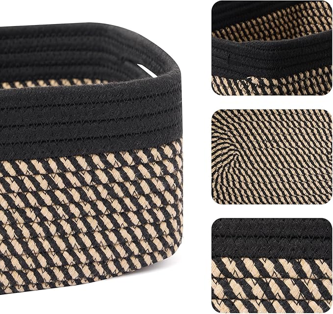 Small Storage Baskets for Organizing | Closet Organizer Bins | Shelf Toy Basket | Woven Rope Baskets | Cube Decorative Box | Shallow Basket | 13x8.5x5.1” | 3 Packs Black Brown