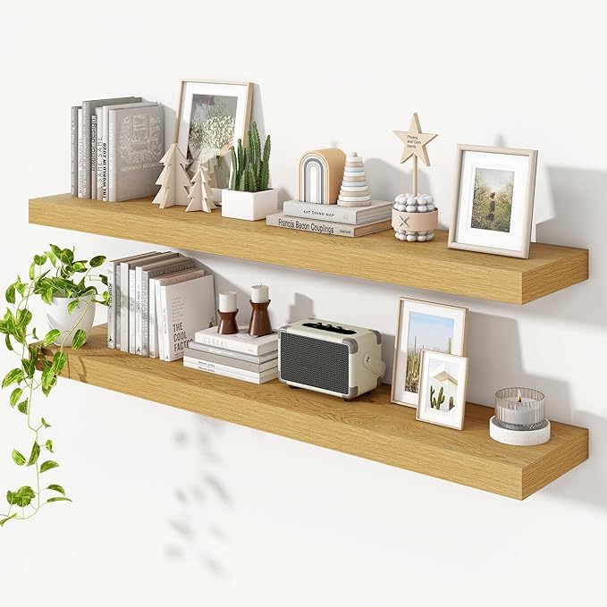 Heimlove 55 Inch Floating Shelves for Wall,10 Deep Large Rustic Wall Shelf with Heavy Duty Brackets,Mounted Storage & Display Shelves for Bedroom,Living Room,Kitchen,Office,Set of 2,Oak Color