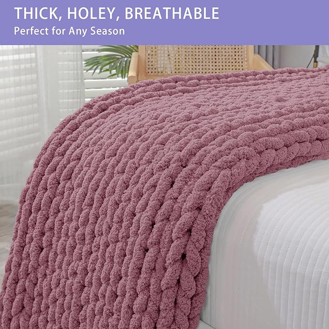 Bigacogo Chunky Knit Throw Blanket for Couch, 40x80 inches, 100% Hand Knitted with Thick Jumbo Chenille Yarn, Cozy Soft Large Rope Knot Cable Crochet Blankets for Sofa Bed Living Room, Burnt Rose
