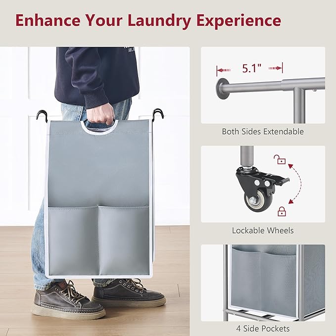 Tajsoon Laundry Sorter with Hanging Bar, 3 Section Rolling Laundry Hamper with Heavy Duty Lockable Wheels, Laundry Basket with Hanging Rack for Bedroom, 3 Gray