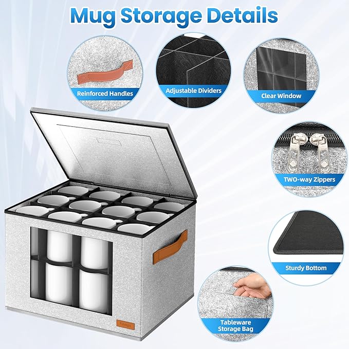 2-Layer Coffee Mug Storage Box with Dividers, Cup Storage Organizer with Zipper Lid and Handles, Stackable China Storage Containers Service for 24 Mugs, Cups and Glasses, Light Grey