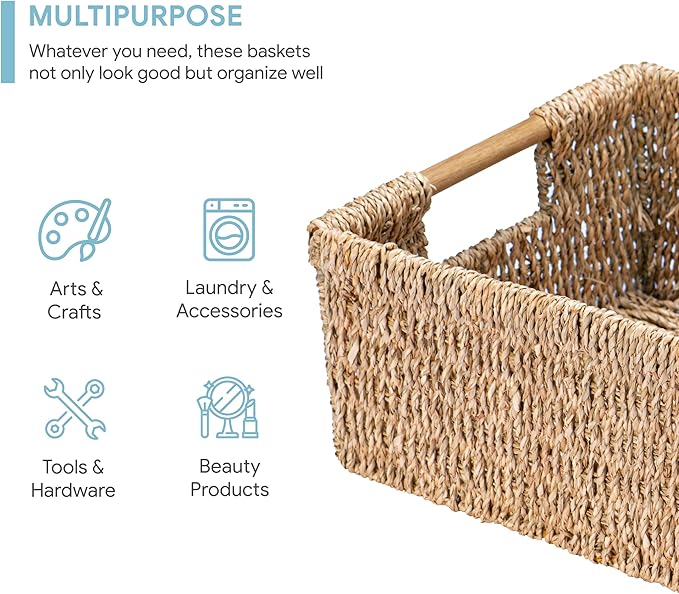 Large Natural Wicker Basket Rectangular with Wooden Handles, Seagrass Storage for Organizing, Shelves 15.5 x 10.6 x 5.5 inches