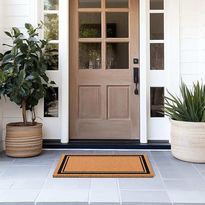 Barnyard Designs Natural Coco Coir Heavy Duty Backing Doormat - Large Cute Non-Slip Front Door Welcome Mat for Outside Entrance or Porch Entry, Brown (17x30, Border)