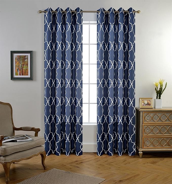MIUCO Moroccan Embroidered Semi-Sheer Curtains Faux Linen Grommet Window Panels for Doors 52 x 95 Inch 2 Panels, Navy Blue