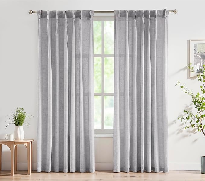 FMFUNCTEX Pinch Pleated Curtains 96 Inches Long for Living Room, Dove Grey Semi Sheer Faux Linen Textured Pleat Drapes for Bedroom with Hooks, Light Filtering Farmhouse Window Drapes 2 Panels