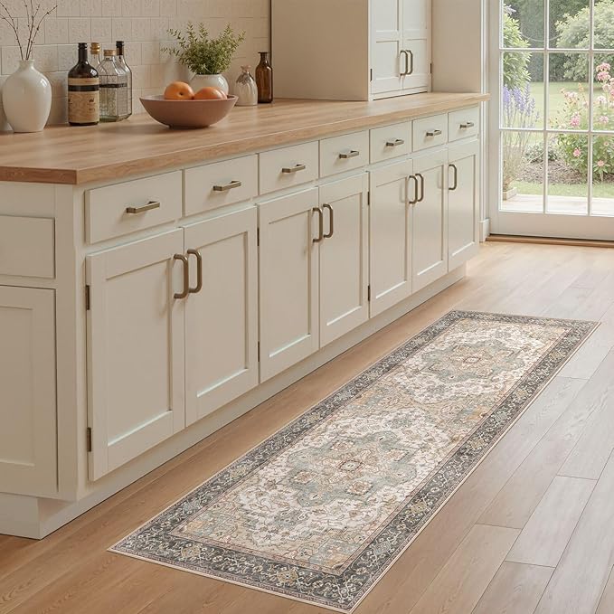 Washable 2x6 Runner Rug - Area Rugs Neutral Vintage Distressed Floral Farmhouse Boho Large Soft Floor Rug Indoor Carpet for Hallway Entryway Bedroom Kitchen - Forest Green Orange