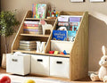 Kids Bookshelf and Toy Storage Organizer, Montessori Nursery Book Shelves with 3 Tier Sling Rack & Fabric Toy Bins, Children Toddler Baby Bookshelf, Wooden Toy Shelf for Kids Room Playroom