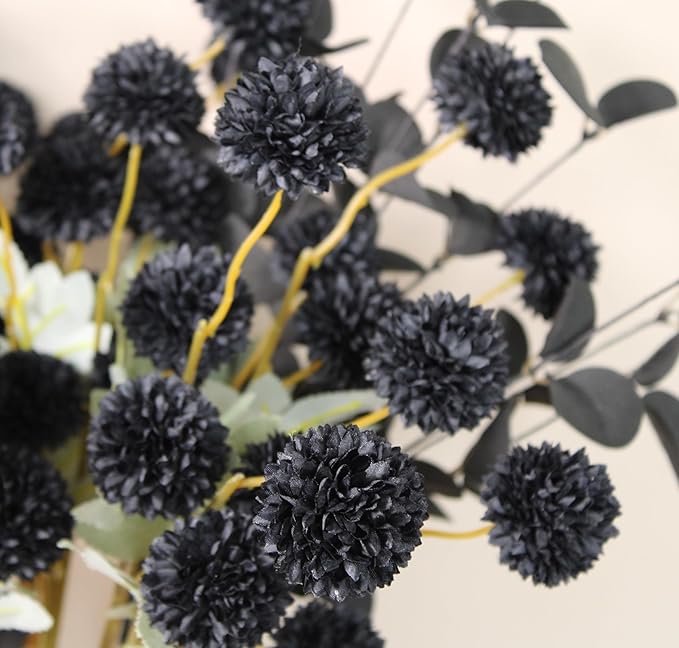 RyddeligHome Black Artificial Flowers for Centerpieces Bulk 10 Long Stems /50 Small Faux Silk Mum Balls + Black Eucalyptus Stems 2 Branches, Fall Boho Halloween Home Decor Indoor, Gothic Flowers