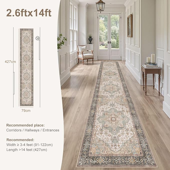 Washable 2.6x14 Runner Rug - Area Rugs Neutral Vintage Distressed Floral Farmhouse Boho Large Soft Floor Rug Indoor Carpet for Hallway Entryway Home - Forest Green Orange