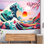 Delur Great Wave Tapestry Japanese Sunset Ocean Sea Wave Off Kanagawa Tapestry Wall Hanging Vintage Asian Anime Cherry Blossom Nature Headboard for Bedroom Living Room Home Decor (59.1" x 78.7")
