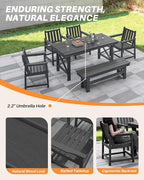 HDPE Outdoor Dining Set of 6, Patio Dining Table Set with 4 Chairs and 1 Bench, 6 Pieces HDPE Dining Set with Umbrella Hole, Outdoor Furniture Sets for Deck, Poolside, Garden, Obsidian