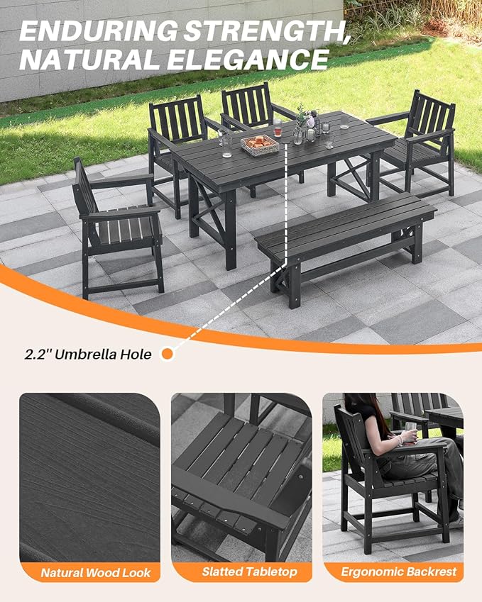 HDPE Outdoor Dining Set of 6, Patio Dining Table Set with 4 Chairs and 1 Bench, 6 Pieces HDPE Dining Set with Umbrella Hole, Outdoor Furniture Sets for Deck, Poolside, Garden, Obsidian