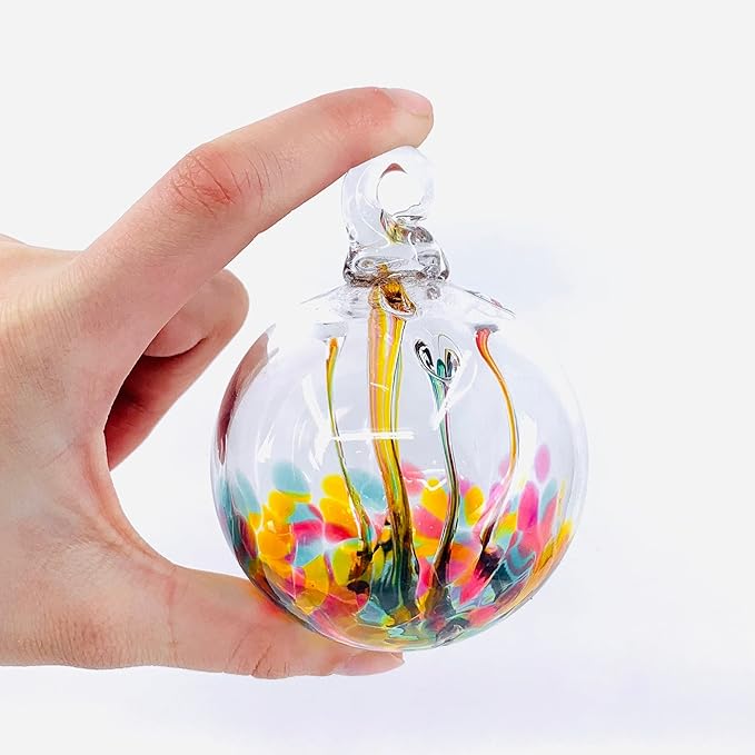 Luke Adams Glass | 3" Mini Glass Tree of Life | Handmade Ornament | Hanging Garden Gazing Ball | Indoor Outdoor Home Décor | (Pink Amber Teal)