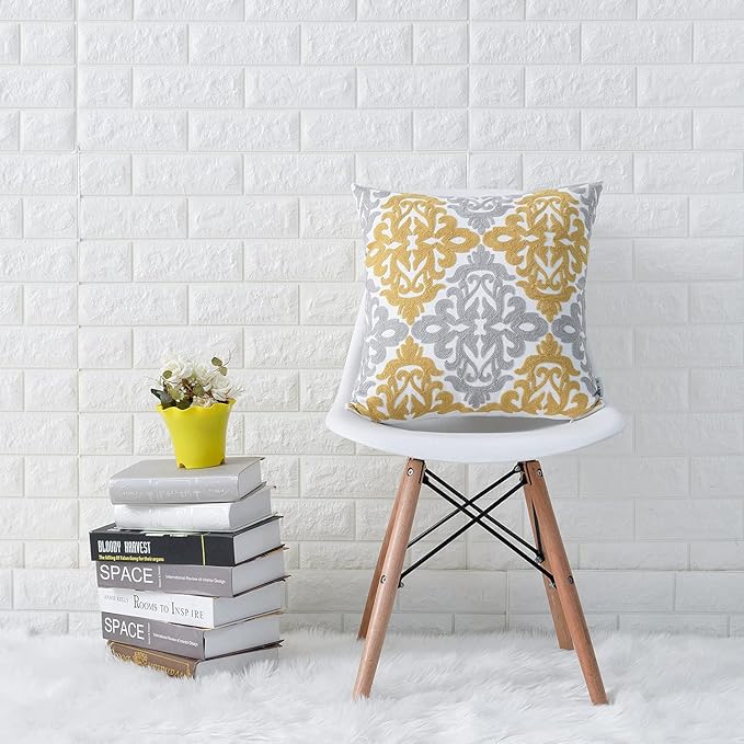 HWY 50 Mustard Yellow Decorative Throw Pillow Covers 18x18 Inch (1 Piece), Embroidered Cotton Farmhouse Cushion Cover Pillow Case for Sofa Couch Living Room Bed Bedroon, Floral Geometric