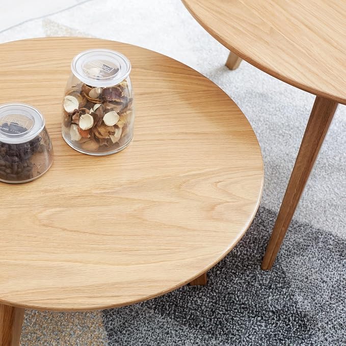 100% Solid Oak Wood Mini Coffee Table, Round Living Room Table Side Table w/Solid Wood Legs, Walnut Mid Century Sturdy Tables for Bedroom Balcony Living Room (23.62" D x 13.78" H)