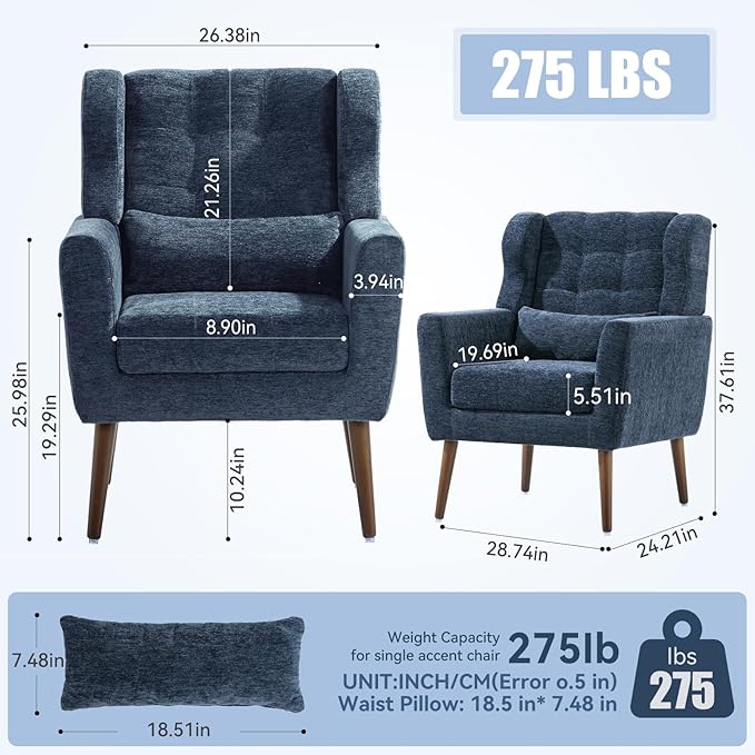 Accent Chair Set of 2, Upholstered Armchair with Pillow, Fabric Single Sofa Chair with Lounge Seat and Wood Legs Accent Chair for Living Room Small Spaces (Dark Blue, Set of 2)