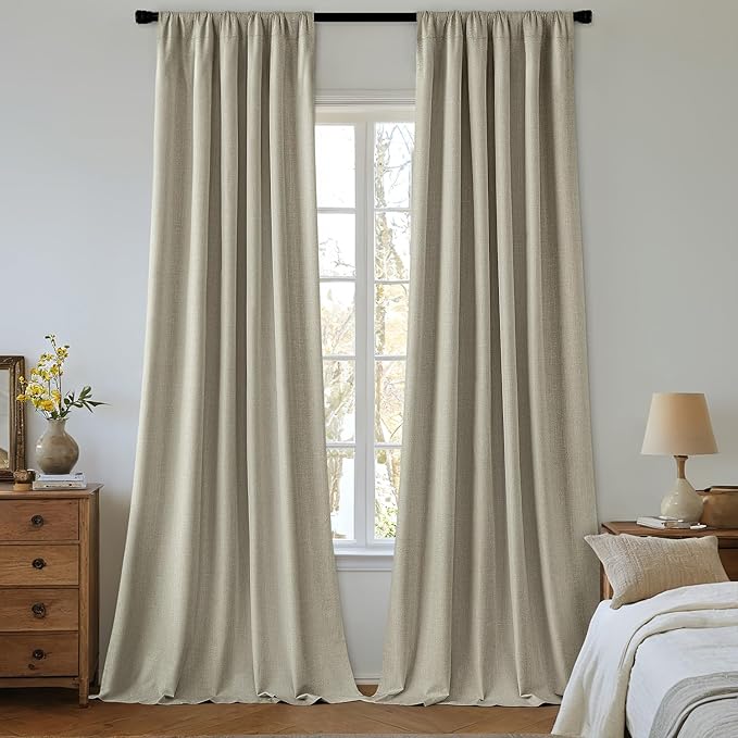 MIULEE 100% Blackout Curtains 84 Inch Long 2 Panels Set for Bedroom, Thick Luxury Faux Linen Black Out Curtain Room Darkening Back Tab Pleat Window Textured Drapes with Hooks for Living Room, Oatmeal