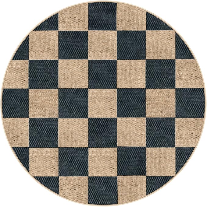 Lahome Checkered Easy Jute Rugs for Entryway, 3 ft Round Rug Small Indoor Outdoor Circle Carpet, Farmhouse Neutral Non Slip Non Shedding Black Carpet for Kitchen Front Porch Foyer