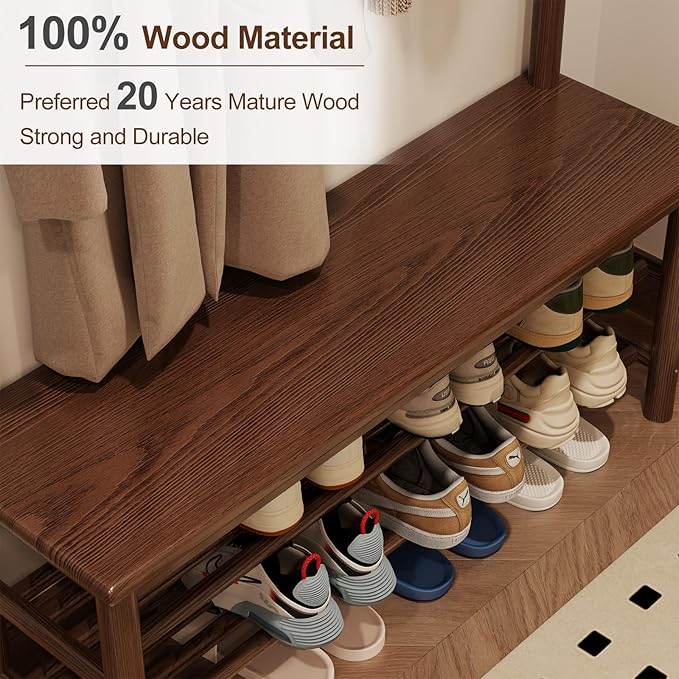 Hall Tree, Coat Rack with Shoe Storage, Wooden Hall Tree with Bench, 11 Hooks and 2-Tier Storage Shelves, Entryway Bench with Coat Rack (39.3" - Deep Walnut)