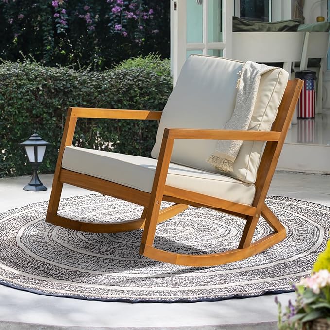 IDZO Club Rocking Chair 500lbs Capacity with Inclined Backrest, Thick Foam Cushion, Solid Acacia Wood Rocker for Patio, Backyard, Balcony, Porch