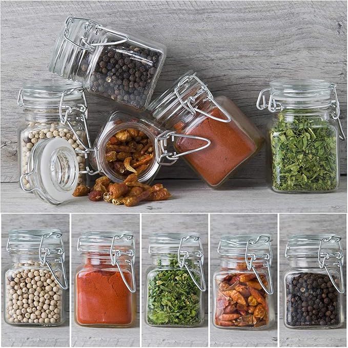 Spice Jars, 12 Pack 4oz Small Glass Jars with Airtight Hinged Lid, With 12 Spice Labels & Silicone Funnels, Airtight Glass Jars for Spices, Art Craft Storage (12 Pack)