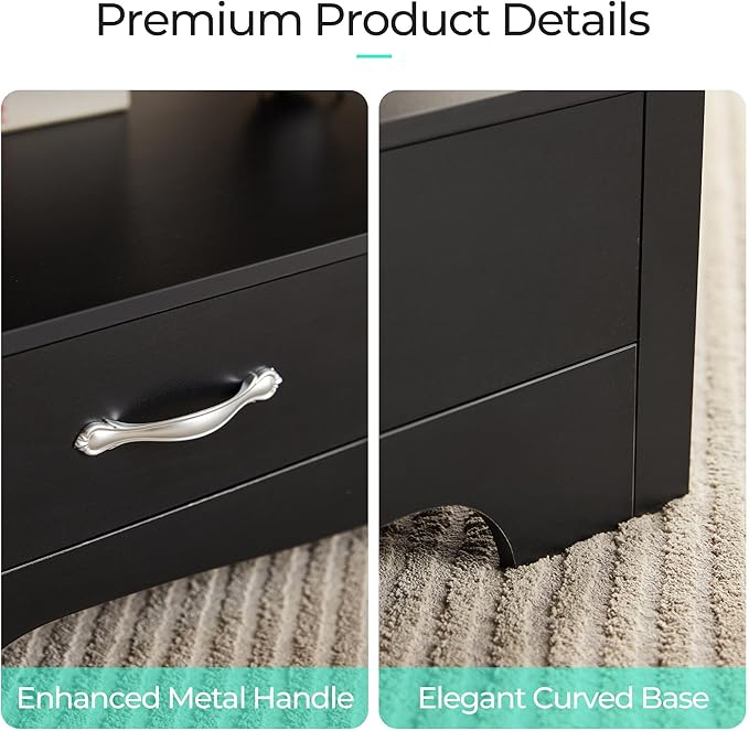 LINSY HOME Farmhouse Coffee Table with Storage, Wood Coffee Table for Living Room, Open Display Area and Storage Drawers with Metal Handles, Chic Style with Curved Base, Black