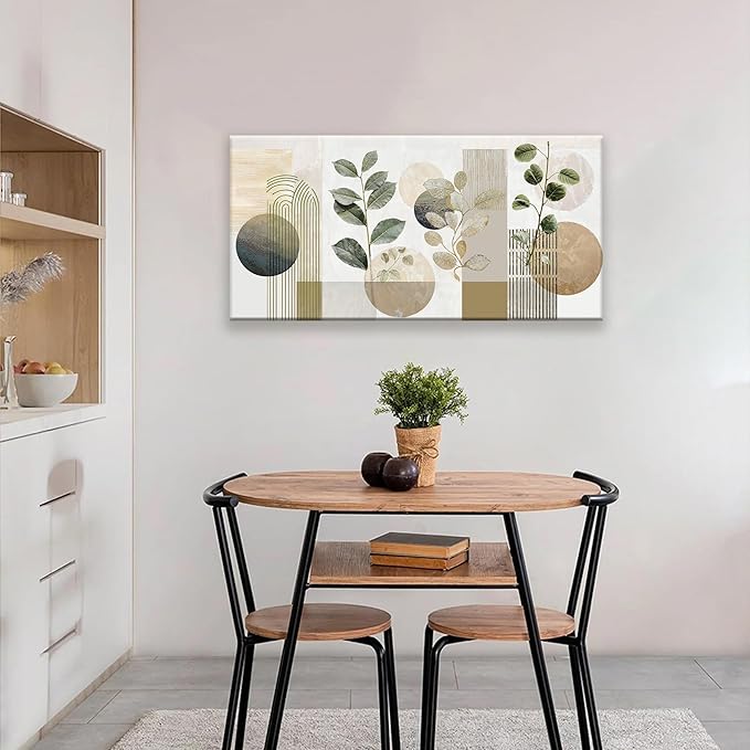 TAIJXAGSG Green Boho Wall Art Minimalist Canvas Wall Art Decor Geometric Line Leaf Beige Green Wall Art Canvas Artwork Print Paintings Abstract Art Botanical Boho Room Office Home Wall Decor 20"X 40"