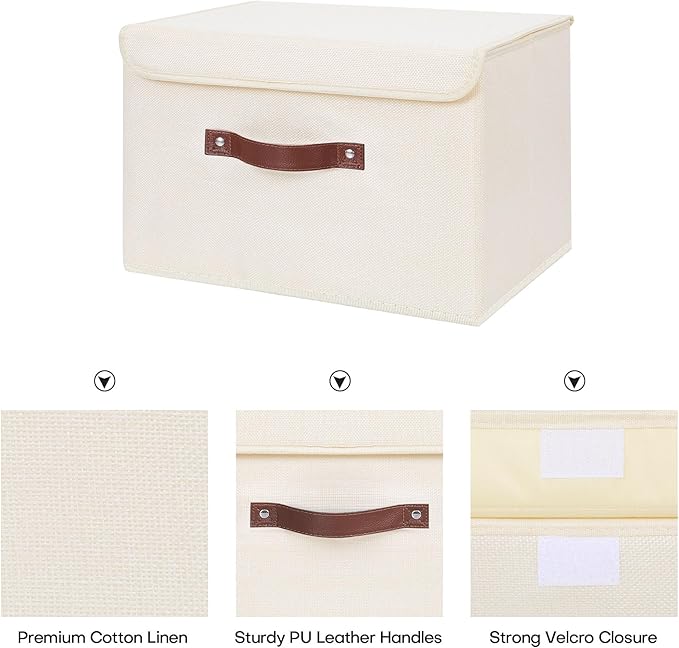 ANMINY 2PCS Storage Bins with Lid PU Leather Handles Storage Boxes PP Plastic Board Decorative Foldable Lidded Cotton Linen Fabric Home Cubes Baskets Closet Organizer Containers - Beige, Large Size