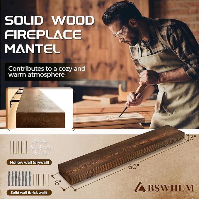 60x8x3 Fireplace Mantel - Solid Rustic Wood - Wall Mounted Floating Shelf with Invisible Heavy Duty Steel Bracket (Weathered Brown)