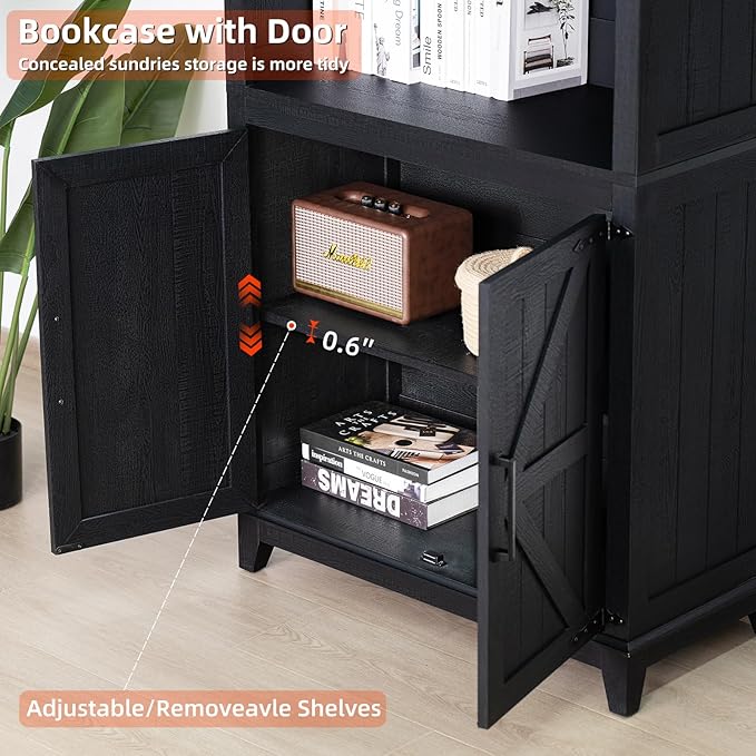 70in Tall Bookshelf 5 Tier Bookcase with Barn Doors and Adjustable Shelves, Black Farmhouse Book Shelf with Storage Cabinet, Wood Freestanding Display Bookshelves for Bedroom, Kitchen (2PCS)