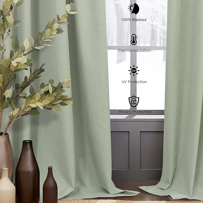 Light Sage Green Linen Textured Blackout Curtains 102 Inch Length 2 Panel Back Tab Sound Draft Cold Sun Blocking Winter Curtains Noise Reducing Retro Moody Drapes Living Room Divider Bedroom 102 Long