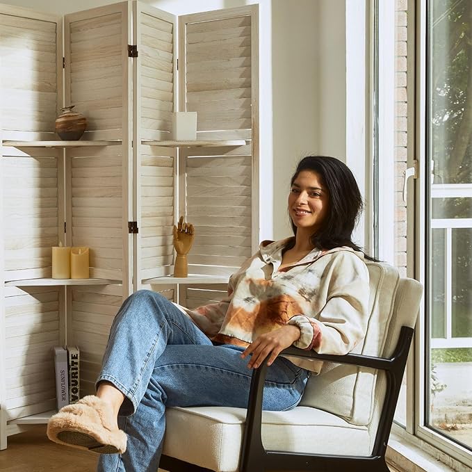 Room Divider with Shelves, 5.6 Ft Tall Folding Wood Screen with Double Hinges for Home Office Bedroom Hotel Decoration (4 Panels, White-Washed)