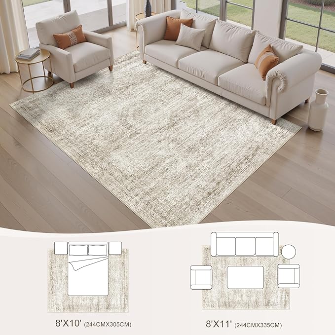 Washable Area Rugs for Living Room -8x10 Neutral Vintage Distressed Floral Farmhouse Boho Large Soft Floor Rug Indoor Non Slip Carpet for Living Room Bedroom Dining Room Office-Beige