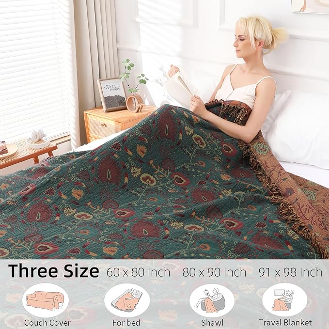 Boho Throw Blanket for Bed - 100% Pure Cotton Ultra Soft Rustic Quilt - Farmhouse Decor Bed Blankets, All Season Rustic Throw for Sofa Couch Chair(80''x 90'', Floral)