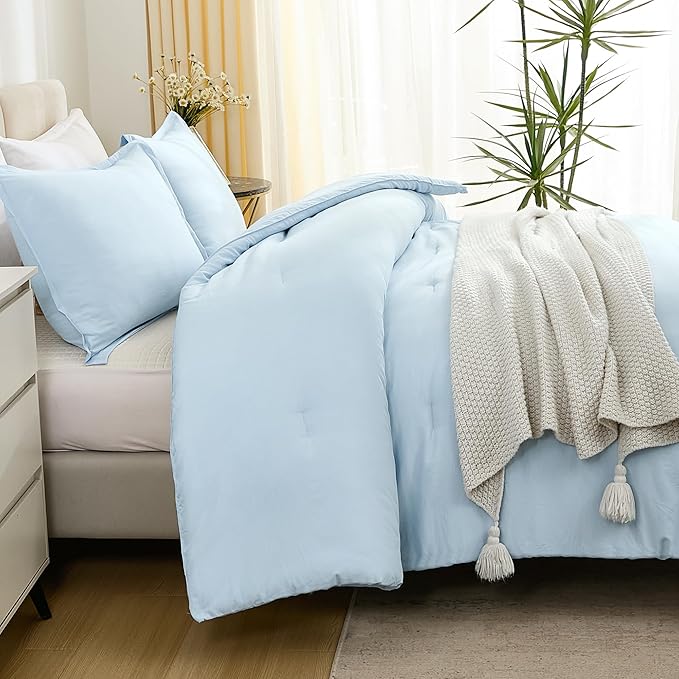 Litanika Comforters Light Blue California King Size, 3 Pieces Cal King Lightweight Solid Bedding Comforter Set, All Season Fluffy Bed Set (104x96In Comforter & 2 Pillowcases)