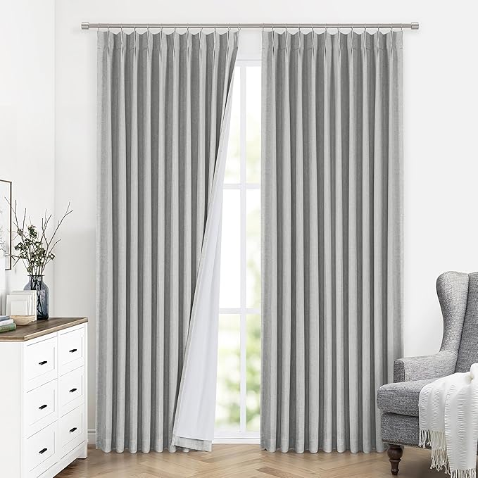 Vision Home Light Gray Pinch Pleated Full Blackout Curtains Linen Blended Thermal Insulated Window Panels 112 inch for Bedroom Living Room Darkening Grey Pleat Drapes with Hooks Back Tab 60"Wx112"Lx1