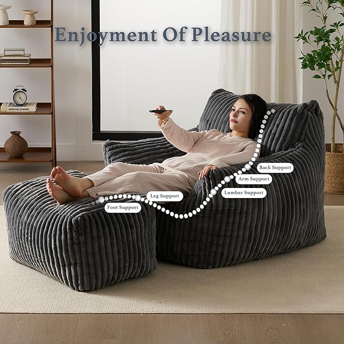 Oversized Bean Bag Chaise Lounge Chair Indoor for Adults with Armrests & Ottoman - Giant Comfy Gray Beanbag Floor Sofa Cloud Accent Chair for Reading, Gaming, Cozy Plush Cloud Mini Couch