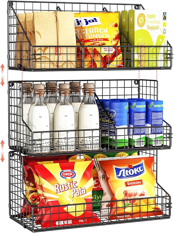 X-cosrack 3 Tier Large Stackable Snack Organizer - Versatile Wall Mounted Wire Storage Basket with Divider for Candy Chip Cans Bars - Ideal for Pantry Office Home