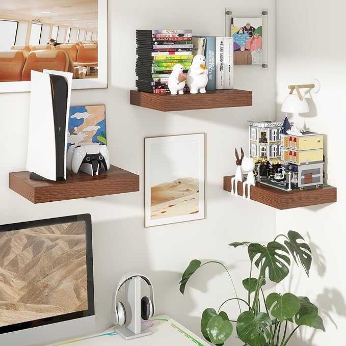 Deep Floating Shelves for Wall | 16 Inch Wide x 12 Inch Deep Floating Shelves Set of 2 | Rustic Walnut Wide Wall Shelves | Bookshelf Laundry Shelf TV Shelf
