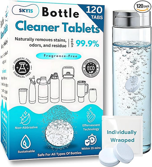 120-pcs Water Bottle Cleaner Tablets, Chlorine-free, Water Bottle cleaner, Tumbler washer and Glass bottle cleaner Removes stubborn stains and Freshens glass bottles and utensils