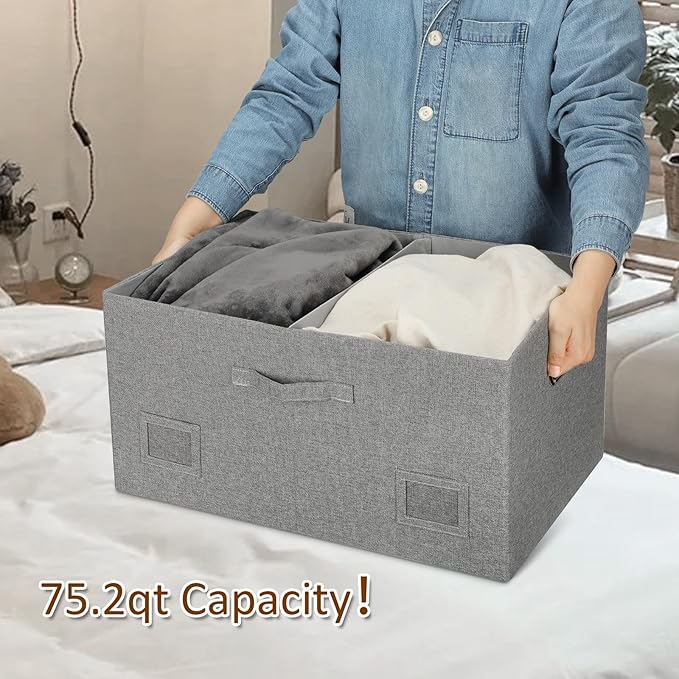75 Quarts Extra Large Decorative Storage Bins with Lids, 3 Packs Gray Collapsible Storage Bins with Lids, Stackable Storage Bins Decorative Box Storage With Lid Extra Large