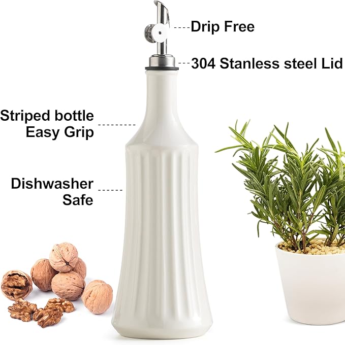 LYEOBOH Olive Oil Dispenser Bottle, Oil Dispenser for Kitchen, Ceramic Cooking Vinegar Dispensing Bottles with Spout, White