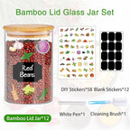 Glass Jars with Bamboo Lids 20 oz, 12 Pcs Stackable Kitchen Glass Pantry Storage Containers with Airtight Bamboo Lids for Rice, Candy, Sugar, Flour, Nuts, Cookie, Bean