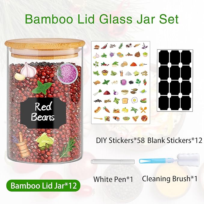 Glass Jars with Bamboo Lids 20 oz, 12 Pcs Stackable Kitchen Glass Pantry Storage Containers with Airtight Bamboo Lids for Rice, Candy, Sugar, Flour, Nuts, Cookie, Bean